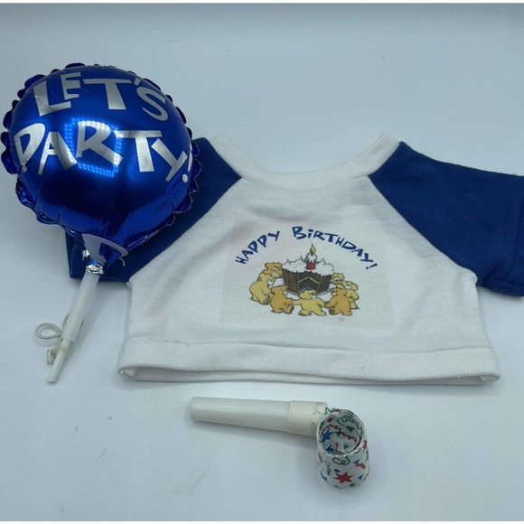 Build A Bear Happy Birthday T-shirt Balloon Party Blower Blue Sleeves - Picture 1 of 5